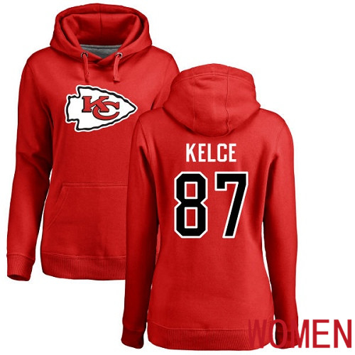 Women Football Kansas City Chiefs #87 Kelce Travis Red Name and Number Logo Pullover Hoodie